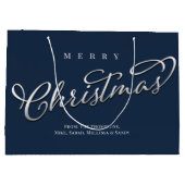 Frohe Weihnachtskalligrafie Navy Blue Snowflake Große Geschenktüte (Rückseite)