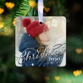 Frohe Weihnachtskalligrafie Navy Kariertes Foto Keramikornament