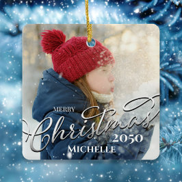 Frohe Weihnachtskalligrafie Navy Kariertes Foto Keramikornament