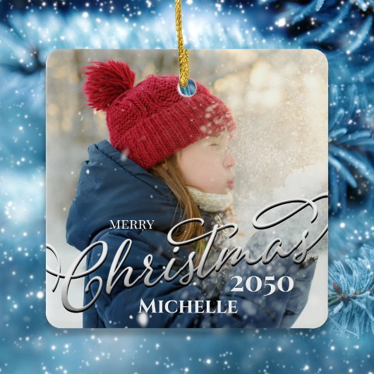 Frohe Weihnachtskalligrafie Navy Kariertes Foto Keramikornament