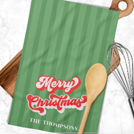 Frohe Weihnachtskalligrafie Retro Style Red Green Geschirrtuch