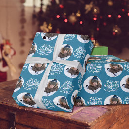 Frohe Weihnachtskalligrafie Round Foto Blue Geschenkpapier