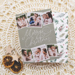 Frohe Weihnachtskalligrafie Sage Green 6 Fotos Folien Feiertagskarte<br><div class="desc">Geben Sie Ihren Weihnachtskarten ein Glanzlicht mit Goldfolie, Silber oder Rose! Verbringen Sie Feiertagsmagazin mit dieser zauberhaften grünen Weihnachts-Foto-Folie! Die Vorderseite zeigt "Frohe Weihnachten" in echter Folie spielerisch handgeschriebene Kalligraphie, mit Ihrem Familiennamen und dem Jahr, in einem der Schnörkel stecken. Fügen Sie eine persönliche Touch mit sechs benutzerdefinierten Fotos hinzu...</div>