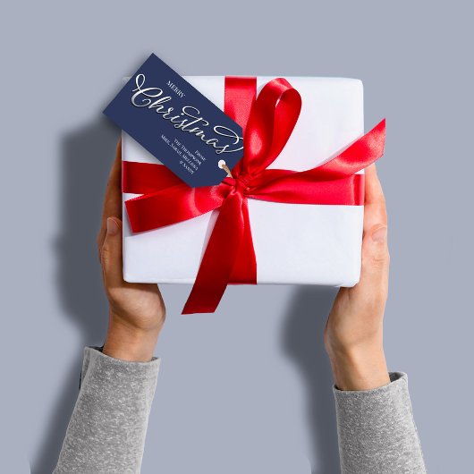 Frohe Weihnachtskalligrafie Script Navy Blue Karie Geschenkanhänger