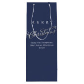 Frohe Weihnachtskalligrafie Script Navy Blue Karie Geschenktüte Für Weinflaschen (Rückseite)