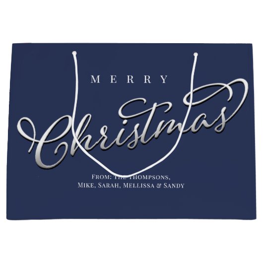 Frohe Weihnachtskalligrafie Script Navy Blue Karie Große Geschenktüte (Vorderseite)