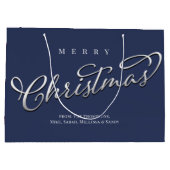 Frohe Weihnachtskalligrafie Script Navy Blue Karie Große Geschenktüte (Rückseite)