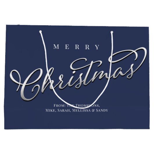 Frohe Weihnachtskalligrafie Script Navy Blue Karie Große Geschenktüte (Rückseite)