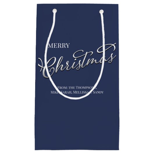 Frohe Weihnachtskalligrafie Script Navy Blue Karie Kleine Geschenktüte (Vorderseite)