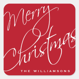 Frohe Weihnachtskalligrafie Script Red Custom Quadratischer Aufkleber