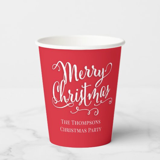 Frohe Weihnachtskalligrafie Script Simple Red Pappbecher (Rückseite)