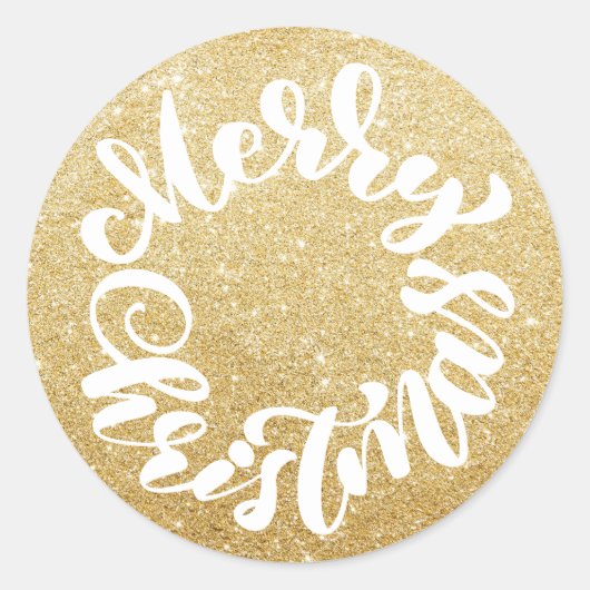 Frohe Weihnachtskalligrafie Wreath Gold Glitzer Runder Aufkleber (Vorderseite)