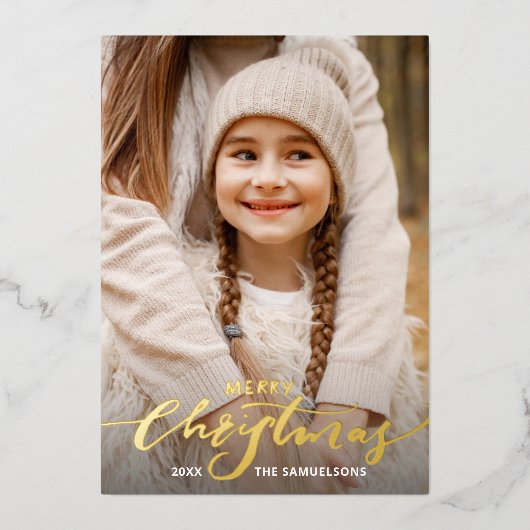 Frohe Weihnachtskalligraphie 2 Fotos Gold Folieneinladung (Vorderseite)