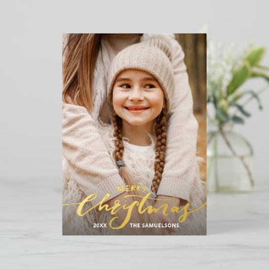 Frohe Weihnachtskalligraphie 2 Fotos Gold Folieneinladung (Stehend vorne)