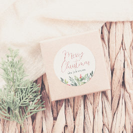 Frohe Weihnachtskalligraphie & Familienname Grüne Runder Aufkleber