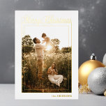 Frohe Weihnachtskalligraphie Holidays FOTO Folien Feiertagskarte<br><div class="desc">Moderne Personalisierte Weihnachtskarten. Fügen Sie Ihre Nachricht und Ihr Foto in die Rückseite. Happy Holidays in modernen Kalligraphieskriptbriefen und Verzierungen im Hintergrund. Perfekte Urlaubskarte,  um Ihre Familie und Freunde zu schicken. Goldfolie (Option Silber oder Rose)</div>
