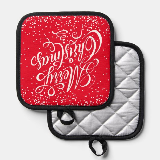 Frohe Weihnachtskalligraphie Red White Topflappen (Vorderseite/Rückseite)