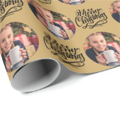 Frohe Weihnachtskalligraphie Runde Foto Gold Geschenkpapier (Rolleneckpunkt)