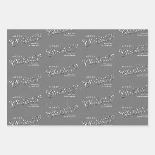 Frohe Weihnachtskalligraphie Silberschneeflocken Geschenkpapier Set (Vorderseite)