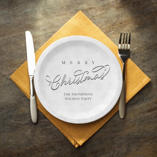 Frohe Weihnachtskalligraphie Silver Snowflake Pappteller