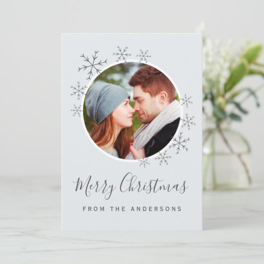 Frohe Weihnachtskarte blau grau mit Schneeflocken Save The Date (Stehend Vorderseite)