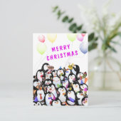 Frohe Weihnachtskarte Happy Pinguins Party Postkarte (Stehend Vorderseite)