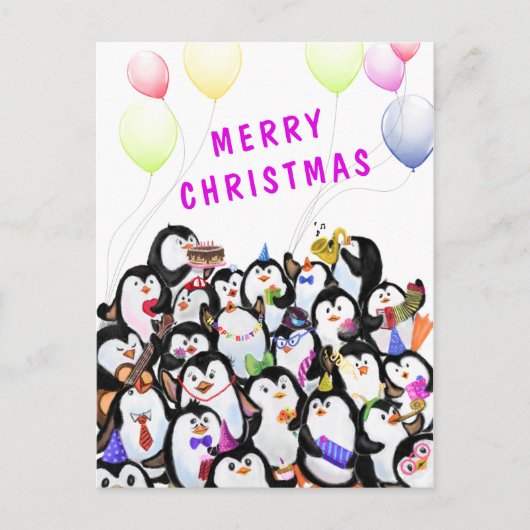 Frohe Weihnachtskarte Happy Pinguins Party Postkarte (Vorderseite)
