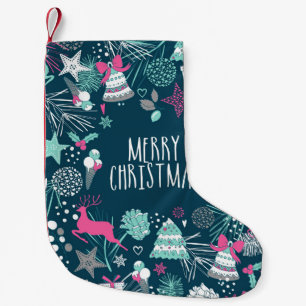 Frohe Weihnachtskarte mit Schneeflocken und Weihna Kleiner Weihnachtsstrumpf