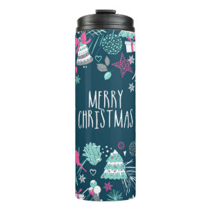Frohe Weihnachtskarte mit Schneeflocken und Weihna Thermosbecher