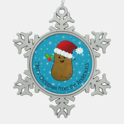 Frohe WeihnachtsKartoffel Personalisiert Schneeflocken Zinn-Ornament (Vorderseite)