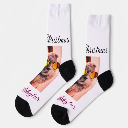 Frohe Weihnachtskatze Haustier Liebe Foto Socken (Linkes Detail)