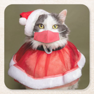 Frohe Weihnachtskatze in Weihnachtsmannmütze und G Rechteckiger Pappuntersetzer