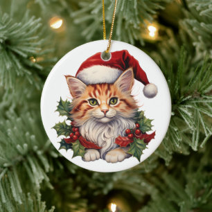 Frohe Weihnachtskatze Kitten in Weihnachtsmannmütz Keramik Ornament