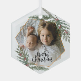 Frohe Weihnachtskiefer und Beeren Foto Ornament Aus Glas