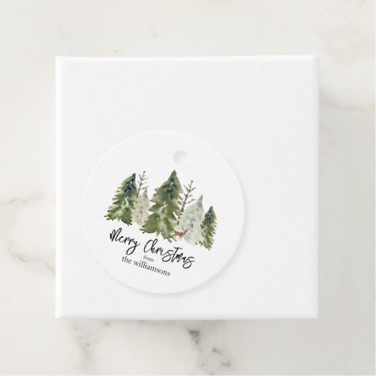 Frohe Weihnachtskiefernbaum Grün Rustikale Wasserf Geschenkanhänger (Beispiel)