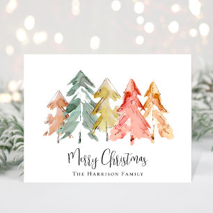 Frohe Weihnachtskiefernbäume Wasserfarbenes Foto Feiertagspostkarte