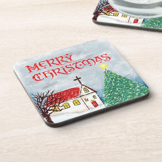 Frohe Weihnachtskirche und Weihnachtsbaum im Schne Getränkeuntersetzer (Linke Seite)