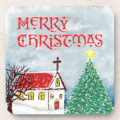 Frohe Weihnachtskirche und Weihnachtsbaum im Schne Getränkeuntersetzer (Vorderseite)