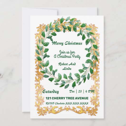 Frohe Weihnachtskleider Gold Frame Party Einladung (Vorderseite)