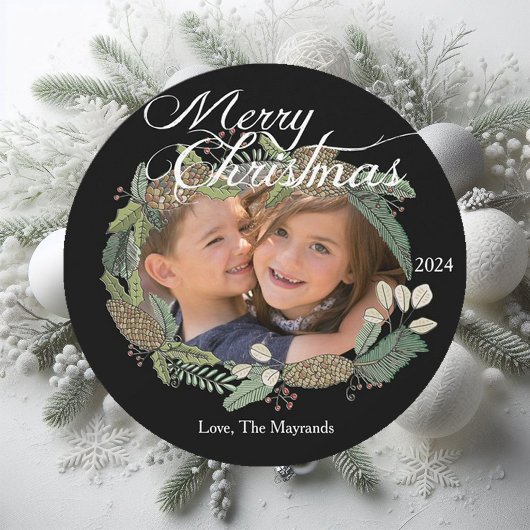 Frohe Weihnachtskone und Grüne Fotokarte Feiertagskarte