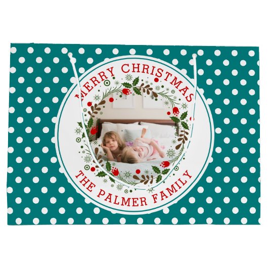 Frohe Weihnachtskranz aquamarine blaue Punkte Foto Große Geschenktüte (Rückseite)