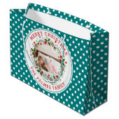 Frohe Weihnachtskranz aquamarine blaue Punkte Foto Große Geschenktüte (Rückseite Schrägansicht)