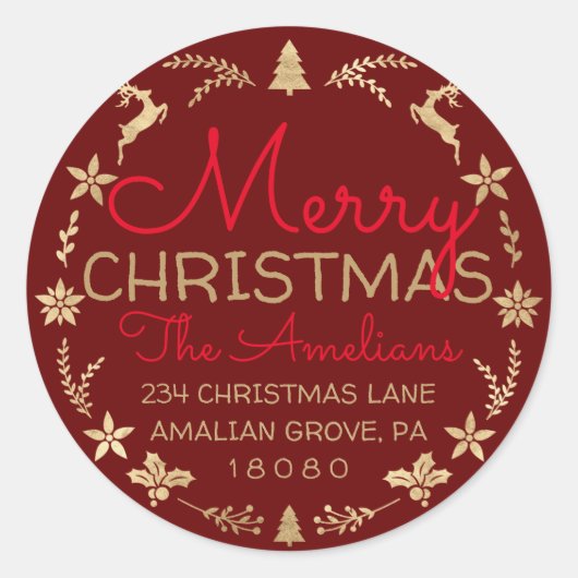Frohe Weihnachtskranz Gold Rustikale UAWG Burgund Runder Aufkleber (Vorderseite)