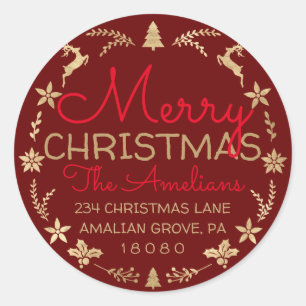 Frohe Weihnachtskranz Gold Rustikale UAWG Burgund Runder Aufkleber