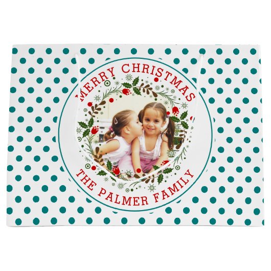 Frohe Weihnachtskranz und aquamarines blaue Punkte Große Geschenktüte (Vorderseite)
