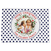 Frohe Weihnachtskranz und blaue Punkte Foto Große Geschenktüte (Vorderseite)