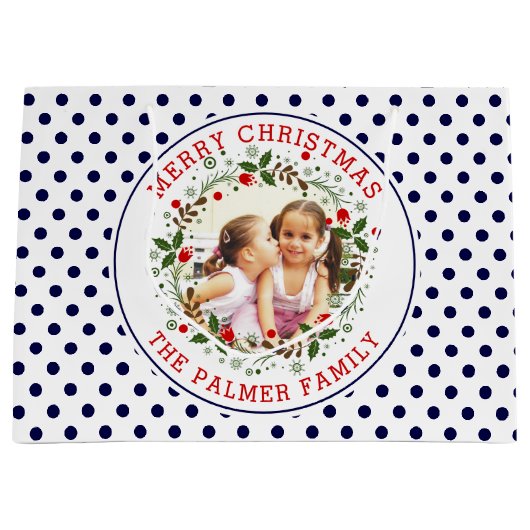 Frohe Weihnachtskranz und blaue Punkte Foto Große Geschenktüte (Vorderseite)