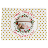 Frohe Weihnachtskranz und Goldpolka Punkt Foto Große Geschenktüte (Rückseite)