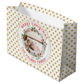 Frohe Weihnachtskranz und Goldpolka Punkt Foto Große Geschenktüte (Rückseite Schrägansicht)