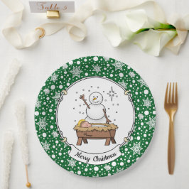 Frohe Weihnachtskrippe Baby Jesus Snowman Pappteller